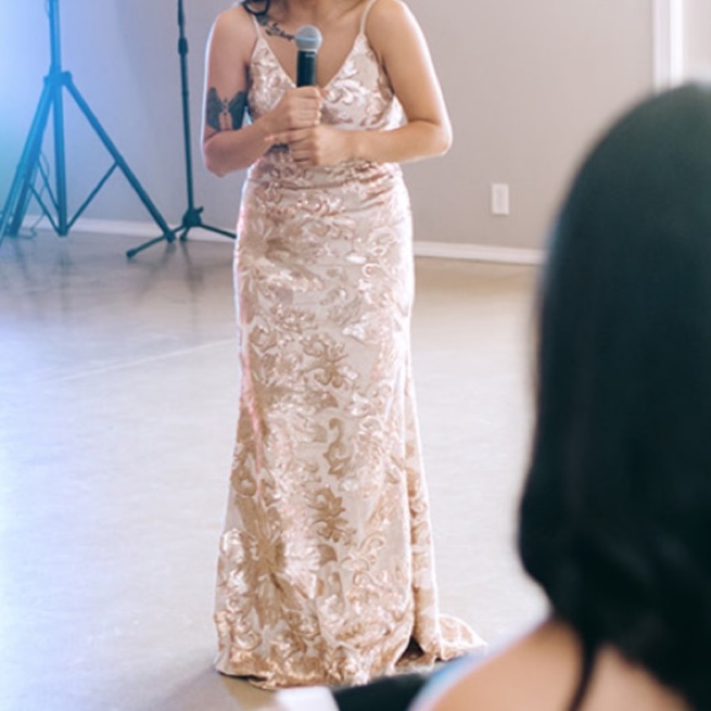 Lulu’s dress! Champagne color like the photo of me in it! Wore a couple of hours